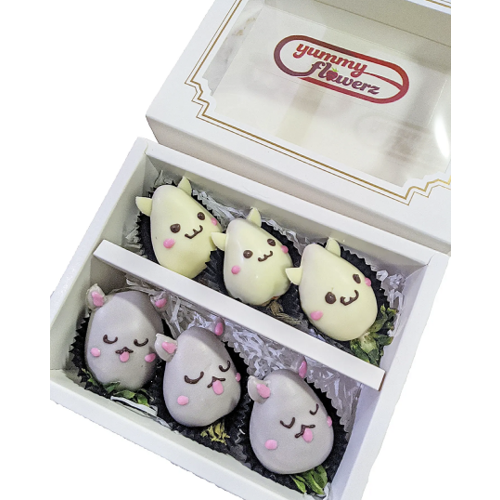6pcs White & Grey Cats Chocolate Strawberries Gift Box